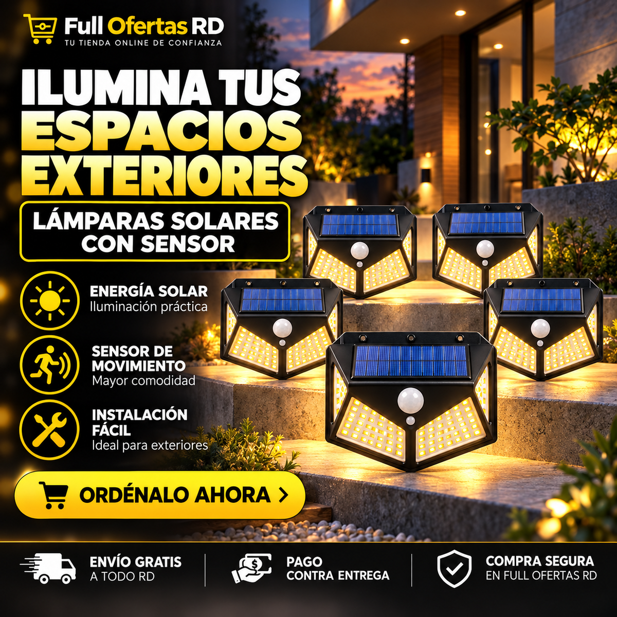 Combo de 5 Lámparas Solares Impermiables con Sensor