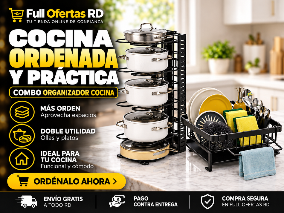 Combo Organizador de Cocina – Rack de Ollas + Escurridor Premium