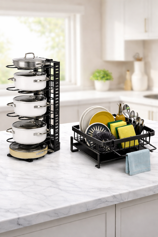 Combo Organizador de Cocina – Rack de Ollas + Escurridor Premium