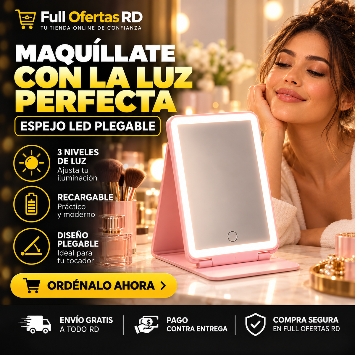 Espejo LED Plegable Recargable con 3 Niveles de Luz