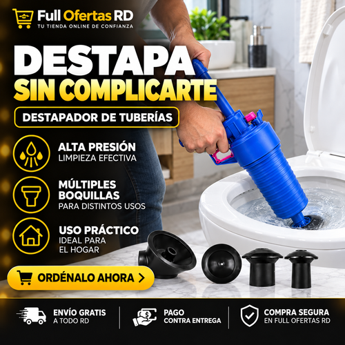 Pistola Destapadora de Inodoros y Tuberías con 4 Boquillas